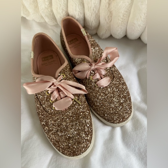 Kate Spade for Keds Rose Gold Glitter Sneakers Ribbon laces size 7.5 - Picture 1 of 8